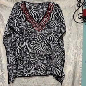 Chico's Black and White Zebra Print Tunic Top with Red Embroidered